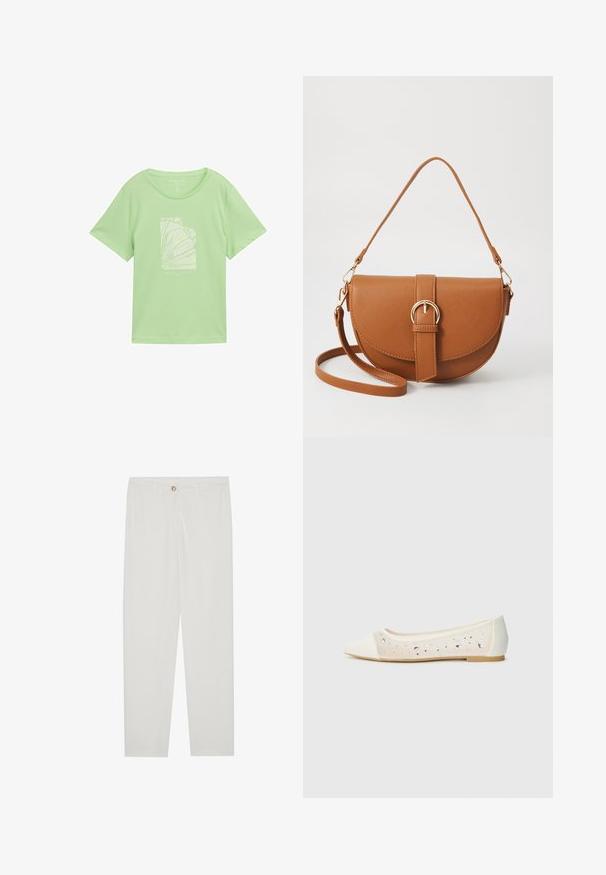 T-shirt din bumbac de culoare verde deschis, cu o croială lejeră, având un imprimeu grafic alb care ilustrează linii abstracte și text în partea de jos. Mâneci scurte, guler rotund.; Pantaloni albi, croiți, cu un design drept al piciorului, având sistem de închidere cu nasture, bucle pentru curea și buzunare laterale; textură de țesătură netedă.; Pantofi stilați cu vârful ascuțit, din piele crem, cu partea superioară transparentă și strasuri dispersate. Talpă moale pentru confort, design minimalist.; Geantă din piele maro, tip crossbody, cu o formă curbată, accesorii aurii și un accent cu cataramă. Dispune de un curea de umăr detașabilă.