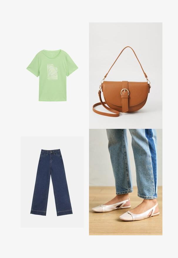 Jasnozielona bawełniana koszulka o luźnym kroju, z białym nadrukiem graficznym przedstawiającym abstrakcyjne linie oraz tekst poniżej. Krótkie rękawy, okrągły dekolt.; Jeans o szerokich nogawkach w ciemnoniebieskim dżinsie. Posiada pięć kieszeni, szlufki na pasek oraz surowy dół z widocznymi detalami szwów.; Jasnoróżowe baleriny na odkrytej pięcie z wąskim noskiem, wykonane z gładkiego materiału imitującego skórę. Posiadają wycięcia po bokach oraz płaski obcas.; Brązowa skórzana torba na ramię o zaokrąglonym kształcie, ze złotymi akcentami i zapięciem w formie klamry. Posiada odpinany pasek na ramię.