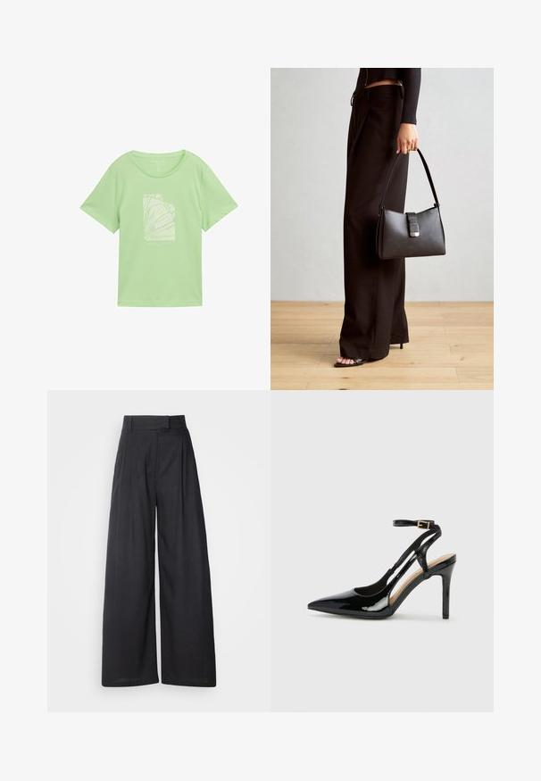 Camiseta de algodón verde claro con un corte relajado, que presenta una impresión gráfica blanca que muestra líneas abstractas y texto debajo. Manga corta, escote redondo.; Pantalones oscuros de pierna ancha con una cintura estructurada y pliegues. Fabricados en un tejido ligero, con una textura suave y sin patrones visibles.; Zapato de charol negro de tacón alto, tipo slingback, con punta afilada, correa ajustable en el tobillo y lados abiertos. Textura lisa.; Bolso negro con forma estructurada, textura suave y un cierre metálico. Combinado con pantalones anchos negros y sandalias de dedo en un suelo de madera.