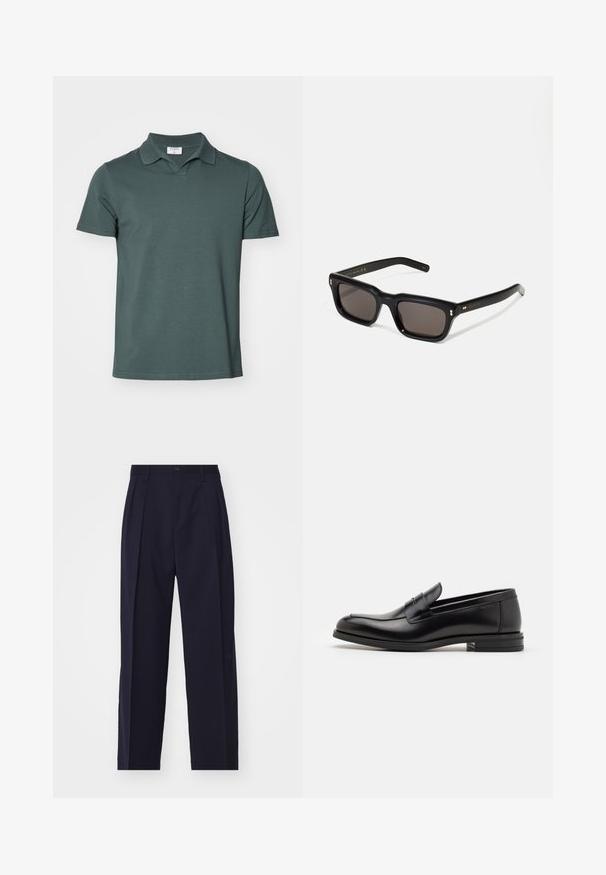 Filippa K Pólóing - dark green grey; Tengerészkék, testre szabott nadrág egyenes lábakkal, elöl redők, gombos záródás és látható zsebek nélkül. Simaságot sugárzó szövet.; Fekete bőr loaferek sima textúrával, kerek orral és dekoratív pánttal a vampnál. Alacsony, rétegelt sarkú, minimalista dizájn.; Fekete téglalap alakú napszemüveg sötét lencsékkel, vastag műanyag keret, arany díszítések a szárakon, és a márka logója gravírozva a szára.