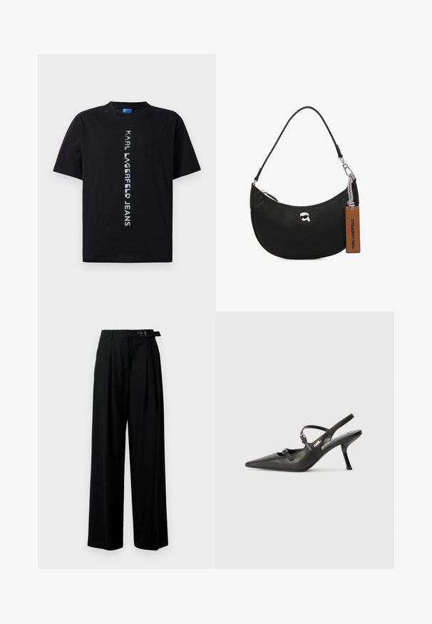 Čierne tričko s krátkym rukávom z bavlny, s vertikálnym reflexným nápisom "KARL LAGERFELD JEANS." Štandardný strih a dizajn s okrúhlym výstrihom.; Čierne široké nohavice s vysokým pásom, skladmi vpredu a opaskom s prackou. Vyrobené z hladkej, ľahkej textílie.; Čierne kožené slingback topánky na vysokom podpätku s ostrou špicou, štíhlym podpätkom a dekoratívnym detailom s prackou na priehlavku. Hladká textúra a elegantný dizajn.; Čierna kožená kabelka s textúrou jemných bradavíc, zakriveným tvarom, horným zipsom, striebornými kovaniami a hnedou visačkou. Má akcent v podobe loga.