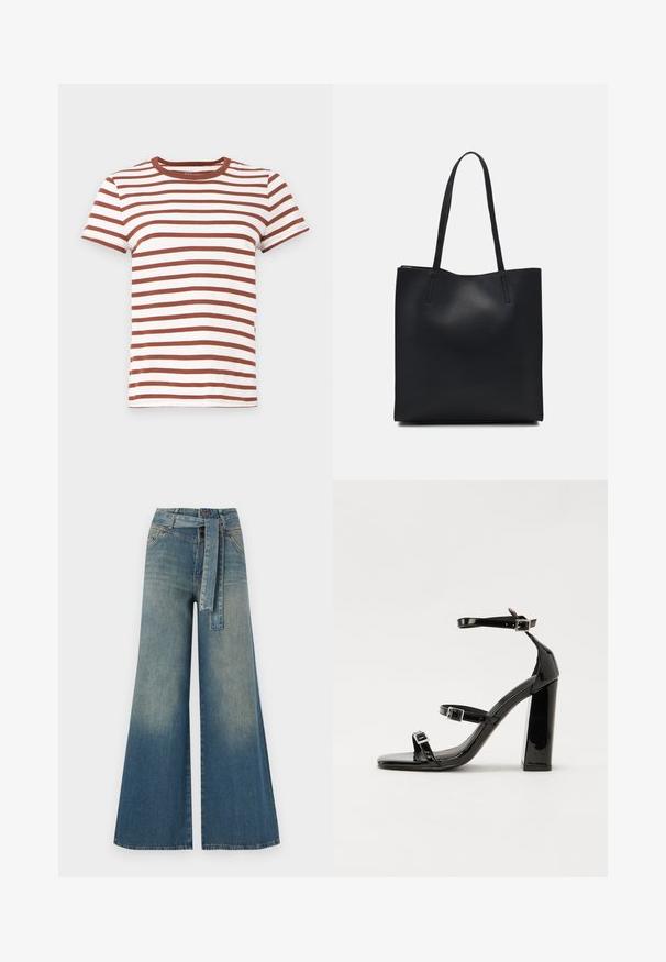 Ruskea ja valkoinen raidallinen T-paita, jossa on pyöreä pääntie, lyhyet hihat ja hieman vartalonmyötäinen muoto. Valmistettu pehmeästä puuvillamateriaalista.; Yksiväriset farkut leveällä lahkeella, joissa on vaaleasta tummansiniseen häipyvä väri, korkea vyötärö, vyölenkit ja yhteensopiva kangasvyö. Rakennefarkkujen pinta.; Musta kiiltävä korkokenkä sandaalit neliönmuotoisella varpaalla, nilkkaremmillä ja hopeisilla soljilla. Varustettu tukevalla lohkokorkealla vakauden takaamiseksi.; Mustapahkainen kangaskassi, jossa on sileä pinta, suorakaiteen muotoinen ja kaksi pitkää kahvaa. Ei näkyvää metalliosaa tai koristeita.