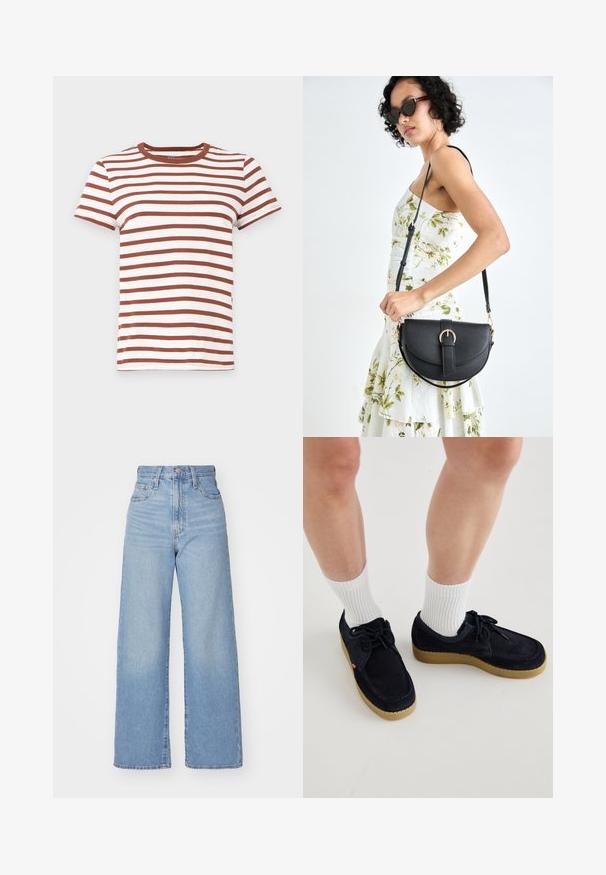 Pruun ja valge triibuline T-särk ümmarguse kaeluse, lühikeste varrukate ja kergelt liibuva kujuga. Valmistatud pehmest puuvillaste materjalidest.; Heledad sinine kõrge vöökohaga laiad teksad, ees nupp ja tõmblukk, ees ja taga taskud, valge tausta peal.; Tumedast sinise sametist kingad ümmarguse varbaga, lipse sokkidega ja kreemika kummitaldaga. Komplekteeritud valgete soonikkudega lühikeste sokkidega.; Mustmust mustraha kõverate joontega, eemaldatava rihmaga ja kuldsete detailidega. Kotil on klapp, millel on pandladetail.