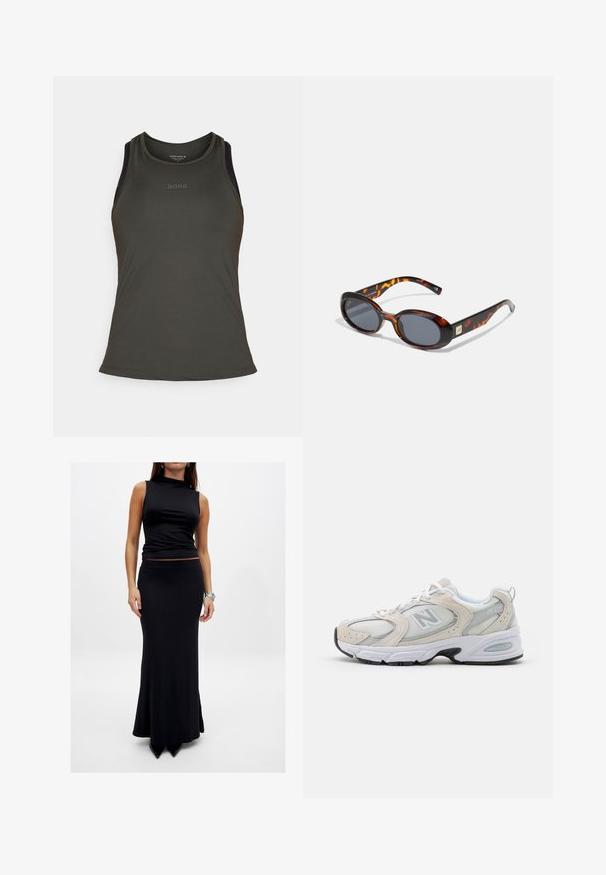 Tumeroheline aeroobika top, millel on ümar kaelus ja õhukesed rihmad. Tekst "BORG" on peenelt trükitud esiküljel.; Särgideta must topp, millel on kõrge krae, koos hästi istuva musta maksiseelikuga. Mõlemad riided on valmistatud siledast kangast ja ei sisalda mustreid.; Sportlik king, millel on helehall võrgust ülemine osa, sametised aktsendid, valged nöörid ja must kummist tald. Silmatorkav ABZORB pehmendusdetail.; Pruunid kilpkonnakujudega prillid ovaalsete läätsedega ja tumeda halli tintimisega. Omab kuldse tooni aktsenti templitel. Sujuva plastikutekstuuriga.