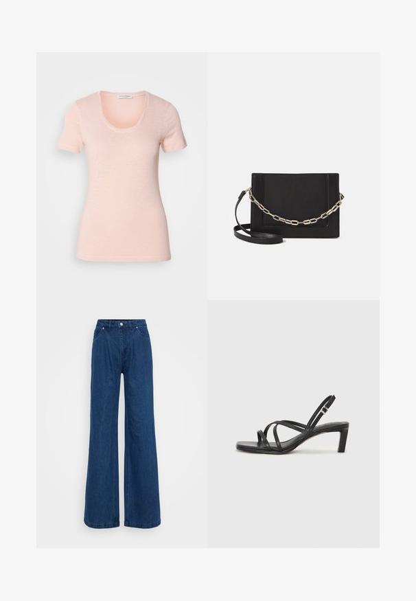 Šviesiai rožinės spalvos trumpomis rankovėmis, su apvaliu kaklu marškinėliai. Pagaminti iš minkštos, tekstūruotos medžiagos, atsipalaidavusio silueto ir švariais siūlais.; Mėlynos plačios džinsinio audinio kelnės su aukšta juosmens linija, priekyje mygtukas ir užtrauktukas, bei priekinės ir užpakalinės kišenės prieš paprastą foną.; Juodi šlepetės su kvadratiniu pirštu ir žemu bloku kulnu. Yra keli ploni dirželiai ir reguliuojamas kulkšnies diržas. Pagaminti iš lygios odos.; Juodas odinis per petį nešiojamas krepšys turi lygų paviršių, stačiakampio formą ir metalinę grandinėlę priekyje. Pridedama reguliuojama dirželis.