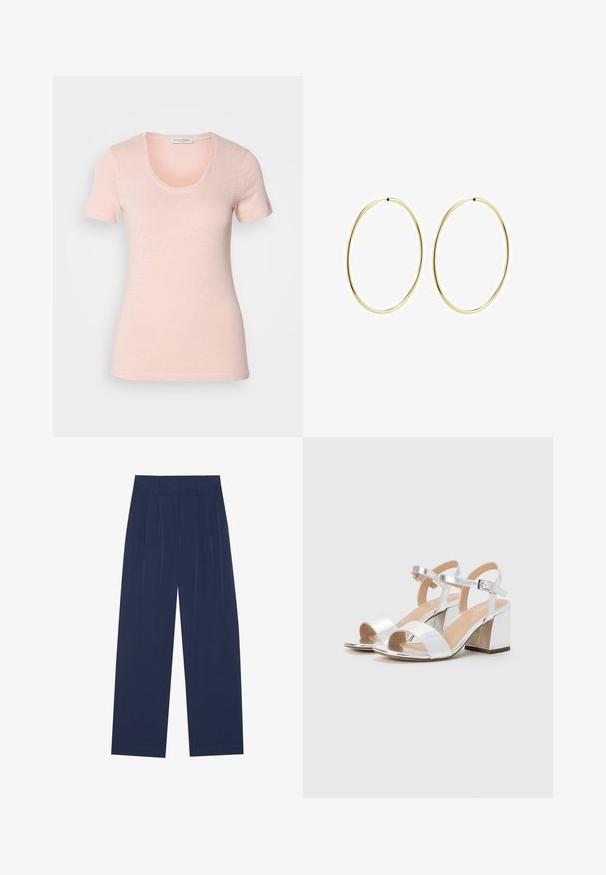 Tričko s krátkym rukávom a výstrihom do tvaru lode v svetloružovej farbe. Vyrobené z jemnej, texturovanej látky, s uvoľneným strihom a čistými švami.; Námornícky modré nohavice s širokými nohavicami vyrobené z mäkkej tkaniny, s prednými skladmi, hladkou štruktúrou a rovnými siluetami bez viditeľných vreciek.; Strieborné sandále na vysokom podpätku s odhalenými prstami, vybavené dvoma širokými popruhmi a zaobleným blokovým podpätkom. Hladký povrch s metalickým leskom.; Zlaté kruhové náušnice s hladkým, zaobleným dizajnom. Tenké a ľahké, s nepřerušeným okruhom bez akýchkoľvek ozdôb.
