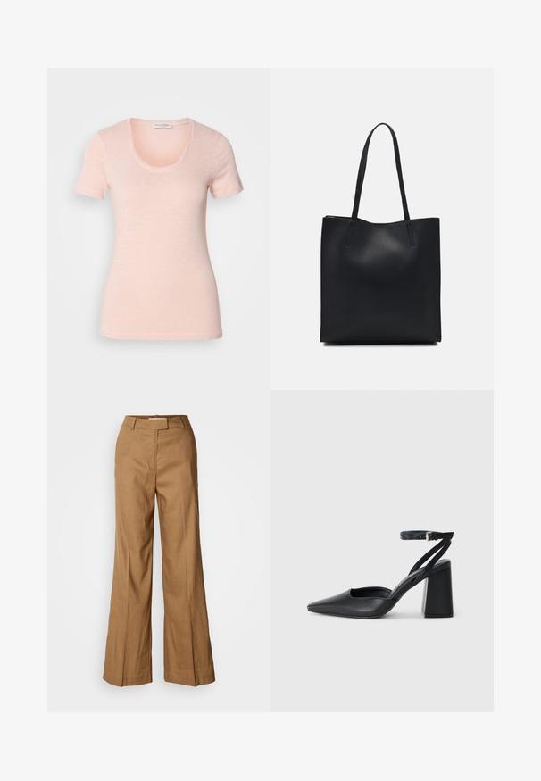 Kurzarm-T-Shirt mit Rundhalsausschnitt in Hellrosa. Hergestellt aus weichem, strukturiertem Stoff mit lockerem Sitz und sauberen Nähten.; Braune weite Hosen aus leichtem Stoff. Verfügt über einen flachen Bund, Gürtelschlaufen und eine taillierte Silhouette mit einem knöchellangen Schnitt.; Schwarze Leder-Pumps mit spitzer Zehe, einem Knöchelriemen und einem blockigen Absatz. Flache Textur, elegantes Design und minimalistische Ästhetik.; Schwarze Laptoptasche aus Leder mit glatter Textur, rechteckiger Form und zwei langen Griffen. Keine sichtbaren Beschläge oder Verzierungen.