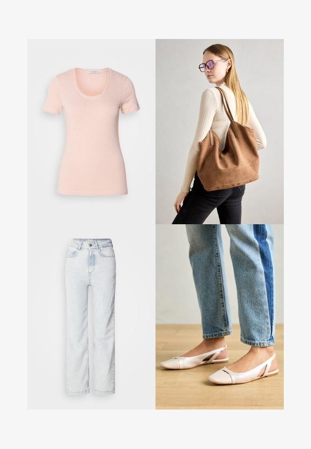 T-shirt a maniche corte e scollo rotondo in rosa chiaro. Realizzato in tessuto morbido e testurizzato, con una vestibilità comoda e cuciture pulite.; Jeans high-waisted di colore blu chiaro con vestibilità dritta, realizzati in denim. Presentano una chiusura con bottoni, un design a cinque tasche e una leggera texture sfumata.; Ballerine slingback rosa pallido con punta affusolata, realizzate in un materiale simile alla pelle liscio. Presentano dettagli a taglio sui lati e un tacco piatto.; Borsa a tracolla in suede marrone con texture morbida, ampia apertura e lunghe cinghie. Caratterizzata da un design semplice con cuciture visibili e senza accessori.