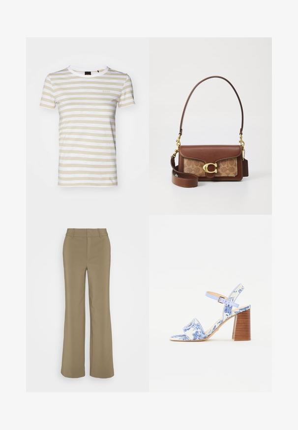 Jasno beżowa i biała t-shirt w paski z krótkimi rękawami i okrągłym dekoltem. Posiada małe logo na piersi. Miękka tekstura materiału.; Beżowe spodnie o szerokich nogawkach wykonane z gładkiego materiału, z dopasowanym pasem, prostym krojem i detalem w postaci zagięcia z przodu.; Niebieskie sandały w kwiatowy wzór z kwadratowym noskiem, szerokim paskiem i regulowanym paskiem wokół kostki, z teksturowanym, drewnianym obcasem w kształcie bloku.; Brązowa skórzana torebka z złotym zapięciem, z wzorzystą beżową wstawką. Zawiera odpinany pasek na ramię oraz wytłoczoną metkę z logo.