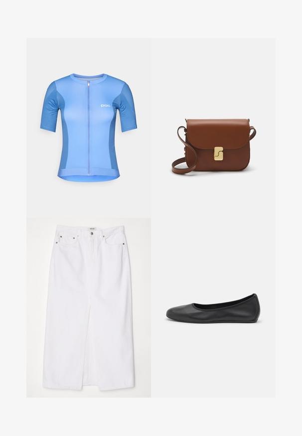 Koszulka rowerowa z krótkim rękawem w jasnoniebieskim kolorze, z zamkiem błyskawicznym z przodu, marką POC oraz gładkim, elastycznym materiałem zapewniającym komfort i swobodę ruchów.; Biała spódnica dżinsowa z rozcięciem z przodu, pięcioma kieszeniami, metalowym guzikiem oraz zapięciem na zamek błyskawiczny, a także z haftowanymi detalami na hemie.; Czarne skórzane baletki z zaokrąglonym noskiem, gładką fakturą, minimalnymi przeszyciami i elastycznym designem podeszwy.; Brązowa skórzana torebka na ramię z klapką, złotymi detalami, paskiem na ramię i gładką teksturą. Kompaktowy prostokątny kształt.