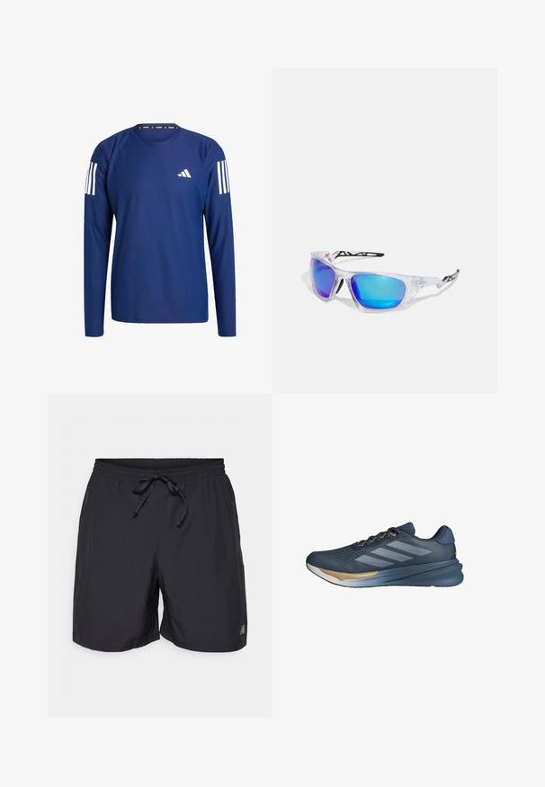 Mornarica dugi rukav majica za trčanje izrađena od teksturiranog materijala, s bijelim prugama na ramenima i malim bijelim logotipom na prsima.; Crne kratke hlače s elastičnim pojasom, podesivim vezicom i malim reflektirajućim logotipom na lijevoj nozi.; adidas Performance SUPERNOVA STRIDE 2 - Tenisice za cestovno trčanje - preloved ink   cloud white   dark blue; Sportske sunčane naočale s prozirnim okvirom, plavim i ljubičastim zrcalnim lećama, oštrim dizajnom i crnim akcentima na sljepoočnicama.