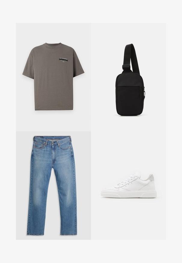 Grå bomulds T-shirt med blødt rundet udskæring, korte ærmer og et mærket lommeprint med "ALL SAINTS" og yderligere tekst.; Blå lige ben denim jeans med frontknap og lynlås, bæltestropper og fem lomme-design på en hvid baggrund.; Hvide lædersneakers med en glat finish, rund tå, flade snørebånd og en struktureret sål. Grå ruskindsdetalje ved hælen.; Sort crossbody taske lavet af slidstærkt stof, med en enkelt justerbar rem, en lynlåset hovedrum og en frontlomme.