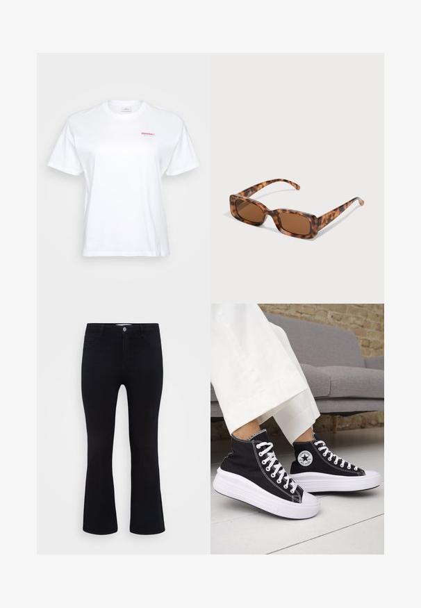 Valge t-särk, millel on vasakul rinnal väike punane ja türkiissinine "CRUSH it." logo, esitatud neutraalses taustas.; ONLY Carmakoma CARTHUNDER PUSH UP - Alt laienevad teksad - black denim; Mustad kõrge säärega tossud valgete kummist tallade ja paeltega. Omad ümmargust logomärki ja kontrastset valget õmblust. Materjaliks lõuend.; Kilpkonna kestaga prillid, millel on ristkülikukujulised pruuni värvi objektiivid, paks raam ja peened käed, millel on erinevate pruunide toonide muster.; Kuldne rõngaskõrvarõngad, millel on sujuv ja ümar disain, ning läikiv viimistlus. Kerge konstruktsioon koos kindla klambriga.