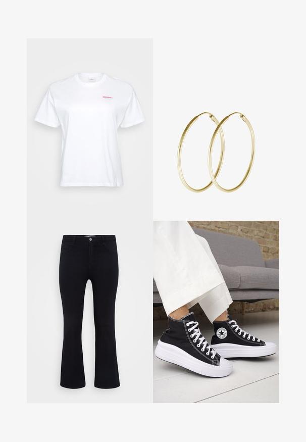 Camiseta blanca con un pequeño logo "CRUSH it." en rojo y turquesa en la parte izquierda del pecho, presentada sobre un fondo neutro.; ONLY Carmakoma CARTHUNDER PUSH UP - Vaqueros a campana - black denim; Zapatillas altas negras con suelas de goma blancas y cordones blancos. Presentan un parche redondo con logo y costuras blancas contrastantes. Material de lona.; Pendientes de aro de oro con un diseño suave y redondeado y un acabado brillante. Construcción ligera con un cierre de broche seguro.