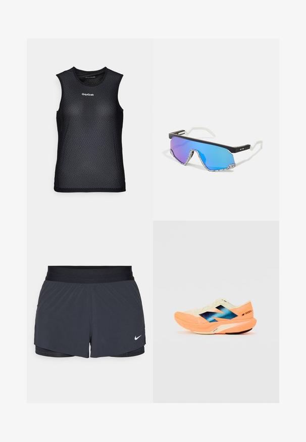 Schwarzes ärmelloses Mesh-Top mit Rundhalsausschnitt, das ein atmungsaktives Design und das GripGrab-Logo auf der Vorderseite aufweist. Texturiertes Aussehen.; Schwarze Sportshorts mit elastischem Bund, ausgestattet mit einem geschichteten Design und einem kleinen weißen Nike-Logo unten links. Leichtes Material.; Laufschuh mit einem leichten cremefarbenen Obermaterial, blauer Markenkennung und orangefarbenen Akzenten an der Sohle. Mesh-Struktur für Atmungsaktivität.; Sportbrille mit schwarzem Rahmen, weißen Akzenten und blauen, verlaufsgetönten Spiegellinsen. Strukturierte, weiß-schwarz gemusterte Bügel.