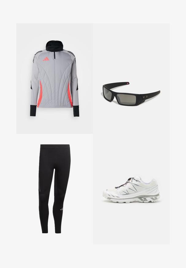 adidas Performance TIRO24 WINTERIZED TOP - Long sleeved top - light onix/shock red; Black athletic leggings made of stretchy material, featuring a high waistband, reflective accents, and a logo near the ankle. Smooth texture.; White athletic shoe with a textured upper, reflective accents, and a grey sole. Features accentuated triangular patterns and a quick-lace system.; Black sunglasses with a matte finish, rectangular lenses, slight curve on temples, subtle logo detail, and smoke-tinted lenses.