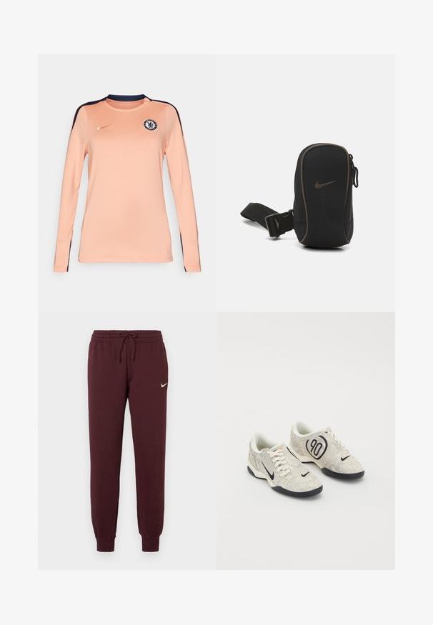 Dugi rukav dres u svijetlo breskvastoj boji s tamnoplavim detaljima, s okruglim izrezom, Nike logotipom i Chelsea FC grbom na prsima.; Bordo trenirke s elastičnim pojasom i vezicom. Ima rebraste manžete i mali bijeli Nike logo na lijevom bedru. Glatka tekstura.; Nike tenisice s bež i sivim teksturiranim gornjim dijelom, crnim naglascima, velikim logom "90" i bijelim vezanjem. Crna potplat.; Crna Nike torbica s zatvaranjem na patent, teksturirana tkanina, smeđi akcenti i odvojivi remen. Ima istaknuti Nike logotip na prednjoj strani.