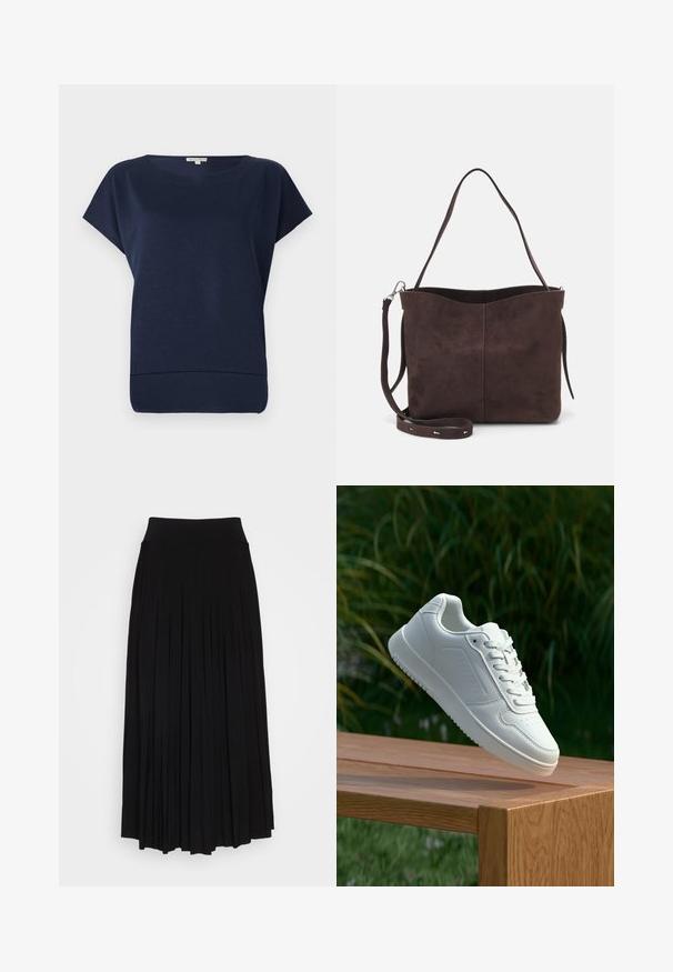 Námornícky modrý top s krátkym rukávom s voľným strihom, okrúhlym výstrihom a subtílnou textúrou. Mäkkučká látka s lemom, ktorý sa mierne zdvíha nahor.; Čierna plisovaná sukňa s vysokým, elastickým pásom. Vyrobená z mäkkej látky, pričom má vertikálne plisovanie pre plynulý siluetu.; Biele tenisky s hladkým syntetickým zvrškom, perforovanou špičkou, plochými šnúrkami a textúrovanou podrážkou, vystavené na drevenej ploche.; Hnedá semišová taška s mäkkou textúrou, vybavená jedným ramenným popruhom a jemne zakriveným horným otvorom. Bez viditeľných hardvérových detailov.
