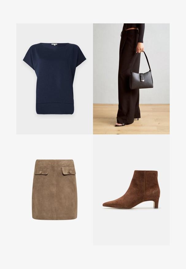 Tumši zila īsām piedurknēm blūze ar brīvu piegriezumu, apaļu kakla izgriezumu un maigu faktūru. Mīksts audums ar nedaudz uz augšu izlīkumu apakšmalu.; Brūns zamšs mini svārki ar gludu tekstūru, ieguvuši divas priekšējās kabatas ar vāciņiem un pogu aizdare katrā pusē. Vienkāršs, taisns dizains.; Anna Field LEATHER - Puszābaki - tan; Melnā somiņa ar strukturētu formu, gludu tekstūru un metālu sprādzi. Saskaņota ar platām melnām biksēm un sandālēm ar atvērtu purngalu uz koka grīdas.