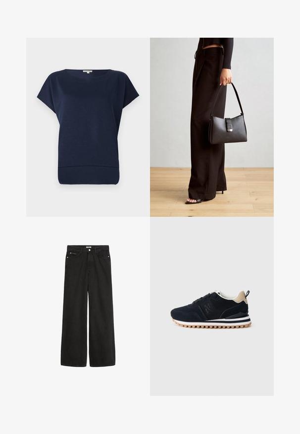 Tumesinine lühikeste varrukatega topp, mis on lõdva lõikega, ümmarguse kaelusega ja kerge tekstuuriga. Pehme kude, mille allääne serv kergelt ülespoole kõverdub.; Laiad mustad teksased kõrge vöökohaga. Omab viit taskut, metallist detaile ja puhtat lõpetust. Tekstuur on sujuv ja pehme.; Tumesin sinine spordijalats, millel on võrgust ja nahast pealmine osa, beežid aksessuaarid, valge vahepidamine ja tekstuuriga kummist tald, millel on mustrit kündmine.; Must musta kott, millel on struktureeritud kuju, sile tekstuur ja metallist klamber. Kombineeritud laiate mustade pükstega ja avatud varvaste sandaalidega puidust põrandal.