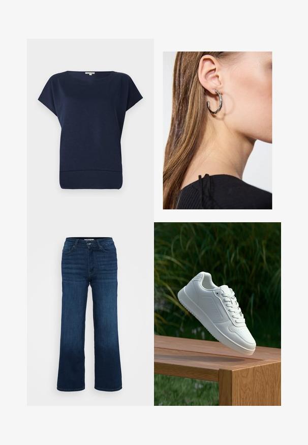 Tumši zila īsām piedurknēm blūze ar brīvu piegriezumu, apaļu kakla izgriezumu un maigu faktūru. Mīksts audums ar nedaudz uz augšu izlīkumu apakšmalu.; ONLY Petite ONLMADISON BLUSH WIDE - Džinsi ar platām starām - dark blue denim; Baltie sporta apavi ar gludu sintētisku augšpusi, perforētu pirkstu daļu, plakani šņorēm un rakstainu zoli, novietoti uz koka virsmas.; Sudraba auskars ar pulētu apdari, ar maziem zelta akcentiem un apaļu formu, uz ausu ļipiņas.