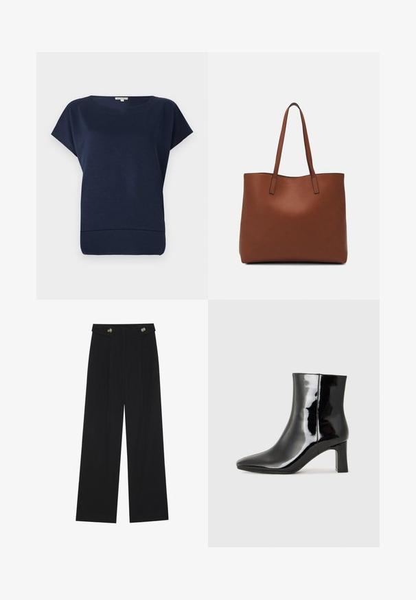 Top de culoare bleumarin, cu mânecă scurtă, caracterizat printr-o croială lejeră, guler rotund și o textură subtilă. Material moale, cu o margine care se curbează ușor în sus.; Pantaloni negri cu picioare largi, talie înaltă, detalii cu butoane pe talie și pliseuri în față.; Botine negre din piele lacuită, cu vârful ascuțit și toc bloc de înălțime medie. Textură netedă și design minimalist.; Geantă de umăr din piele maro cu o textură netedă, design cu vârf deschis și două curele pentru umăr. Prezintă cusături minime și fără componente metalice vizibile.