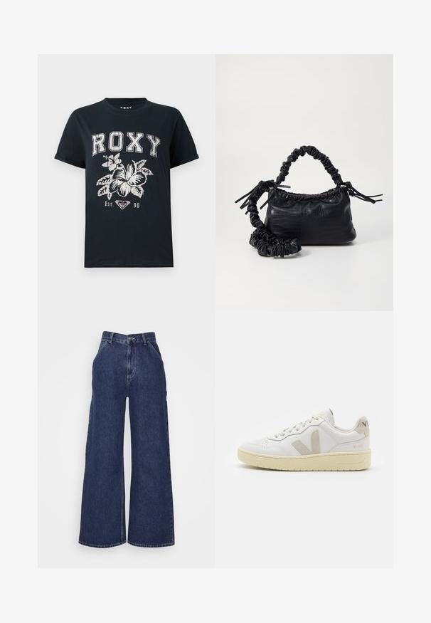 Must have musta T-särk mustast puuvillast, millel on valged tähed "ROXY", lilleline disain ja südamemuster. Lühikesed varrukad ja lõdva istuvus.; Tumedast sinisest denimist laiad püksid, millel on kõrge vöökoht, ees olevad taskud ja metallnupuga tõmblukk. Sile tekstuur ja klassikaline disain.; Valge nahast tenniseking, millel on beežist siidist aktsent ja aukudega varvas, lame paelad ja tekstureeritud koorevärvi tallad. Omab nüansirikast brändimist kannal.; Must must sünteetilisest nahast käekott, millel on krokodillimuster, kokku tõmmatav ülaosa ja kortsus rihm. Tundub pehme ja kompaktne disain.