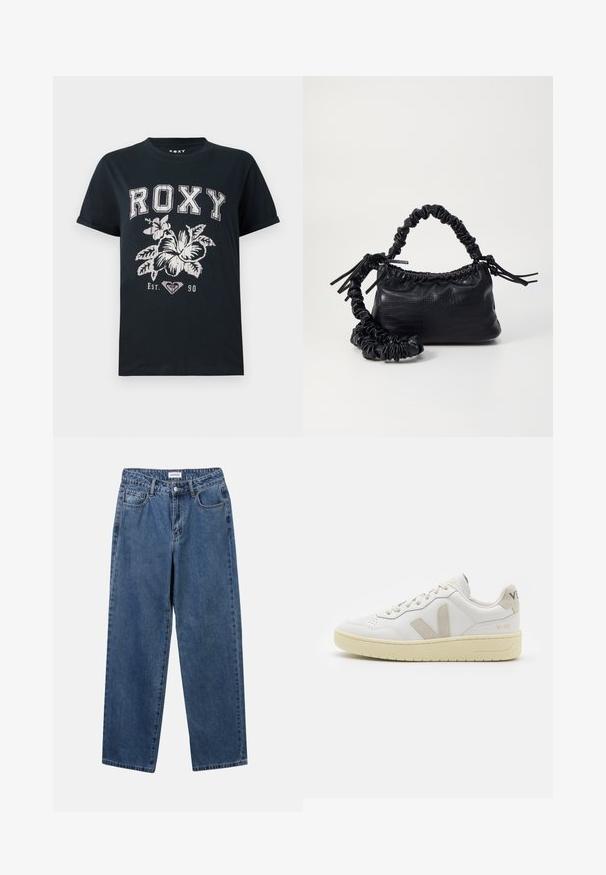 Zwarte katoenen t-shirt met de tekst "ROXY" in het wit, voorzien van een bloemenontwerp en een hartsymbool. Korte mouwen en een relaxte pasvorm.; Klassieke blauwe denim jeans met een rechte pijp, vijf zakken en een knoopsluiting. Heeft een middelgrote wasbeurt en stevige textuur.; Witte leren sneaker met beige suède accenten, geperforeerde neus, platte veters en een gestructureerde crèmekleurige zool. Heeft subtiele branding op de hak.; Zwarte nepleer handtas met een krokodillenstructuur, opgedroogde bovenkant en een gekreukte hengsel. Het lijkt zacht en compact van ontwerp.