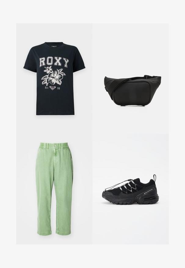 Czarny t-shirt z bawełny z napisem "ROXY" w białym kolorze, z kwiatowym wzorem i symbolem serca. Krótkie rękawy i luźny krój.; Jasnozielone, luźne spodnie wykonane z miękkiego materiału. Posiadają zapięcie na guzik i elastyczny pas, boczne kieszenie oraz zwężane nogawki.; Czarne buty do biegania z siateczkowym wierzchem, odblaskowymi akcentami i elastycznymi sznurowadłami. Posiadają solidną podeszwę z wzorami zapewniającymi przyczepność.; Czarna saszetka na pas wykonana z gładkiego, matowego materiału. Posiada szeroki pasek, charakterystyczny kształt z zaokrąglonymi krawędziami oraz subtelną markę z przodu.