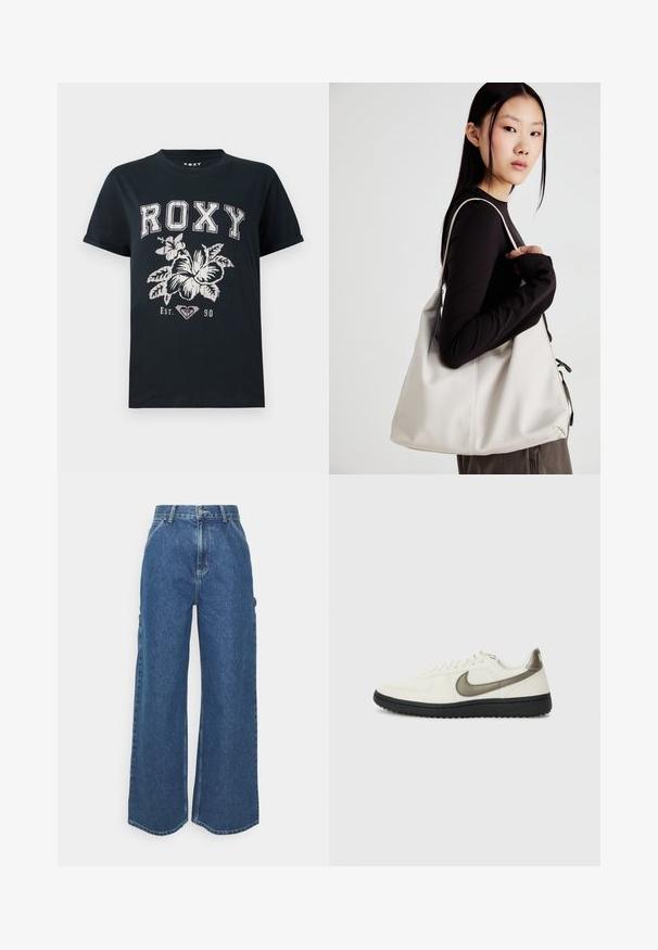 Must have musta T-särk mustast puuvillast, millel on valged tähed "ROXY", lilleline disain ja südamemuster. Lühikesed varrukad ja lõdva istuvus.; Laiene jalad sinised denim püksid kõrge vöökohaga, kontrastsete õmblustega ja küljetaskutega, klassikalise viie taskuga disainiga ja toore servaga.; Nike Sportswear FIELD GENERAL - Tossud - off-white/black; Bež käekott pehme materjali, millel on lõtv disain, õmblustega detailid ja kaks õlarihma. Sobib igapäevaseks kasutamiseks.