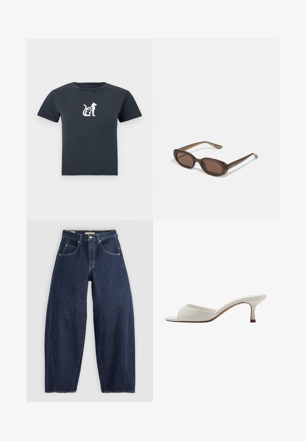 Tmavě šedé tričko s krátkým rukávem, na přední straně s malou grafikou bílé kočky a slovem "OLEY" zapojeným do těla kočky.; Tmavě modré džíny z denimu s volným střihem, světlým prošíváním, pěti kapsami a knoflíkovým zapínáním v pase.; Bílé otevřené lodičky na vysokém podpatku s hladkým povrchem, minimalistickým designem a štíhlým podpatkem, se slabým hnědým akcentem na podrážce.; Hnědé oválné sluneční brýle s tmavými skly. Rámeček je z průhledného hnědého materiálu a má na stranách potisk s logem.; Zelená kožená kabelka s hladkou texturou, zakřiveným tvarem a pleteným držadlem. Obsahuje zipové uzávěr a nastavitelný popruh.