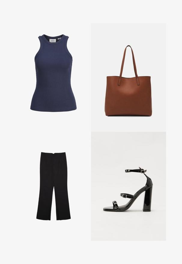 Námořnická modrá žebrovaná tílko s vysokým výstřihem a bezrukávovým designem. Má přiléhavý střih a elastický materiál. Štítek je viditelný uvnitř.; Černé kalhoty s rovným střihem, s předními kapsami a bočními rozparky na lemu. Vyrobené z jemné, hladké tkaniny. Vhodné na různé příležitosti.; Černé lakované sandály na vysokém podpatku se dvěma pásky se sponami, čtvercovou špičkou a robustním blokovým podpatkem, s hladkou, lesklou texturou.; Hnědá kožená taška přes rameno s hladkou texturou, otevřeným designem a dvěma ramenními popruhy. Obsahuje minimální švy a žádné viditelné kovové prvky.