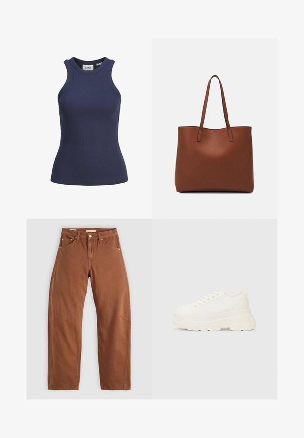 Tamsiai mėlynas raištinis marškinėlis su aukštu kaklo iškirpimu ir be rankovių dizainu. Yra prigludusios formos ir tempimo tekstūros. Etiketė matoma viduje.; Rudai rudi tiesūs džinsai su priekinėmis ir galinėmis kišenėmis, metaliniais kabliukais, mygtuko užsegimu ir diržo kilpomis, išdėstyti ant balto fono.; Balti drobės sportbačiai su storu padu, apvalia nosimi ir penkiomis akytėmis raištams. Gale yra kilputė, kad būtų lengva užsidėti. Sklandus paviršius, minimalistinis dizainas.; Ruda odinė priekabų krepšys su glotnia tekstūra, atviru viršumi ir dviem petnešomis. Su minimalia siuvimo detalėmis ir nematoma aparatūra.