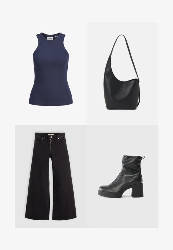 Tengerészkék bordázott ujjatlan top magas nyakkal. Illeszkedő fazon és rugalmas anyag jellemzi. Címe látható belül.; Fekete denim széles szárú farmer, cipzáros elejével, öt zsebes kialakítással és diszkrét varrással. Sima textúra és laza stílus.; Fekete bokacsizmák sima bőrből, oldalsó cipzárral, vastag, texturált sarkú és lekerekített orrú dizájnnal.; Fekete bőr hobo táska sima textúrával, ívelt formával és egyetlen állítható pánttal; széles nyílás található a tetején.
