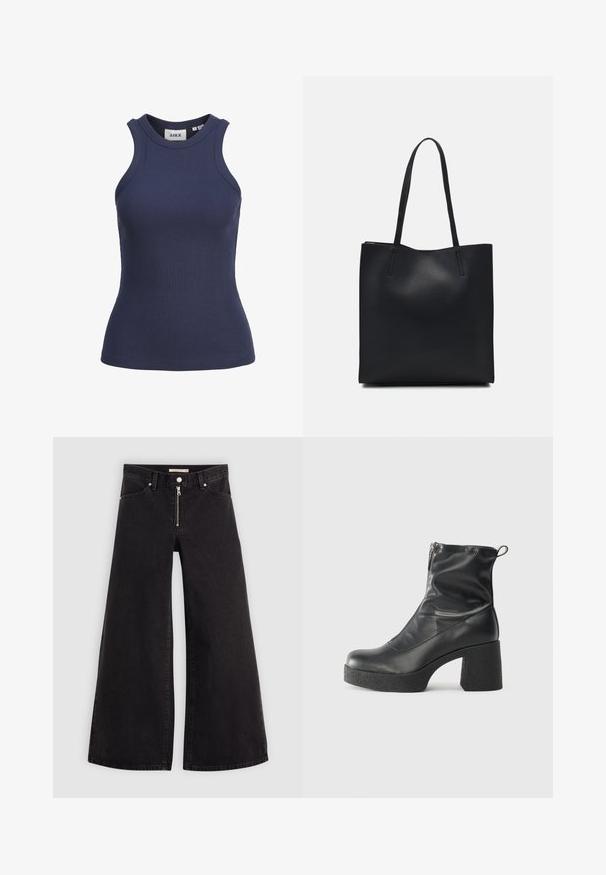 Tengerészkék bordázott ujjatlan top magas nyakkal. Illeszkedő fazon és rugalmas anyag jellemzi. Címe látható belül.; Fekete denim széles szárú farmer, cipzáros elejével, öt zsebes kialakítással és diszkrét varrással. Sima textúra és laza stílus.; Fekete bokacsizmák sima bőrből, oldalsó cipzárral, vastag, texturált sarkú és lekerekített orrú dizájnnal.; Fekete bőrtáska sima felszínnel, téglalap alakú, két hosszú füllel. Nincs látható fémkiegészítő vagy díszítés.