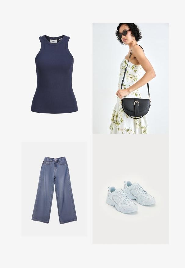 Mørkeblå rippet tanktop med høy hals og uten ermer. Har en tettsittende fasong og elastisk tekstur. Merke synlig inni.; Bredde ben jeans i lys blå vask, med høy livhøyde, frontlommer og knappelukking med beltehemper.; Lyseblå treningssko med overdel av mesh og syntetisk materiale, med hvite prikker og reflekterende detaljer, snøring og polstrede såler.; Svart lærveske med en buet form, avtagbar stropp og gullbeslag. Vesken har et klaff med spenne-detall.