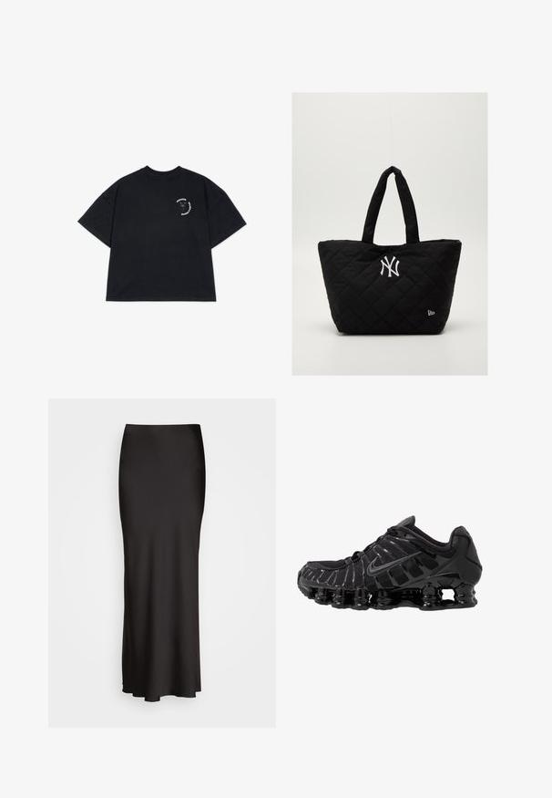Svart bomull oversized t-skjorte med korte ermer. Har et lite grafisk trykk på venstre brystområde i hvitt og blått.; Svart, gulvlange satengsweater med en glatt tekstur, tilpasset livlinje og A-formet silhuett, uten synlige dekorasjoner eller mønstre.; Sorte joggesko med mesh-overdel og glansfulle detaljer. Har buet fjæringssystem og teksturerte linjer på siden. Nike-logoen er synlig.; Kviltet svart handleveske med doble håndtak, og har et hvitt New York Yankees-logo og et lite merke på siden.