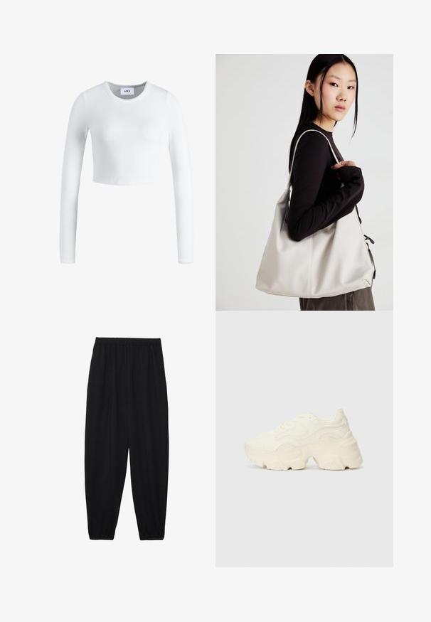 White long-sleeve crop top made of ribbed fabric. Features a round neckline and a fitted design. Label visible inside at the neck.; Black, lightweight pants with an elastic waistband and gathered ankles. The fabric is smooth and features a relaxed, tapered design.; Chunky white sneakers made of textured mesh and synthetic materials, featuring a thick sole and intricate pattern details along the sides.; Beige handbag made of soft material, featuring a slouchy design, stitched detailing, and two shoulder straps. Suitable for everyday use.