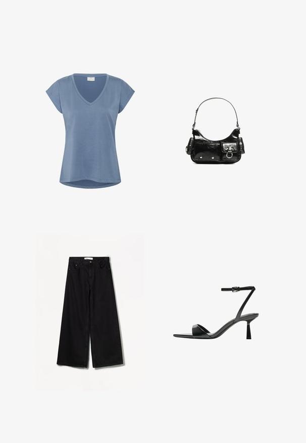 Blue V-neck t-shirt with short sleeves. Made of a soft fabric, features a loose fit and curved hem. Smooth texture with no notable patterns.; Bershka WIDE-LEG - Wide Leg - black; Bershka High heeled sandals - black; Black patent leather handbag with a curved shape, one shoulder strap, front pockets, and silver-tone hardware accents.