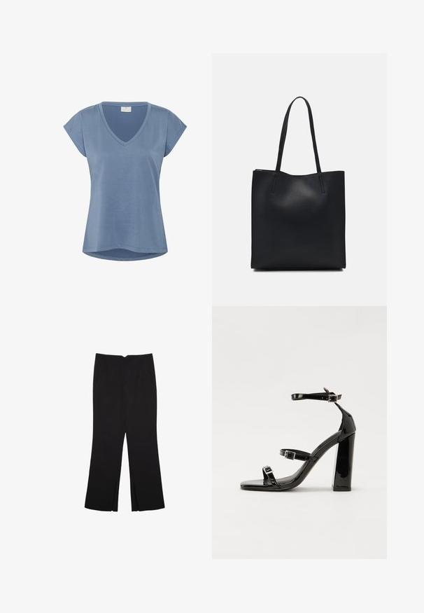 T-shirt blu con scollo a V e maniche corte. Realizzato in un tessuto morbido, presenta una vestibilità ampia e un orlo curvo. Tessuto liscio senza motivi rilevanti.; Pantaloni neri a gamba dritta, con tasche frontali e spacchi laterali all'orlo. Realizzati in tessuto morbido e liscio. Adatti a diverse occasioni.; Sandali con tacco in vernice nera, con punta squadrata, cinturini alla caviglia e fibbie in argento. Presentano un tacco a blocco spesso per maggiore stabilità.; Borsa tote in pelle nera con texture liscia, forma rettangolare e due manici lunghi. Nessun hardware o decorazione visibile.