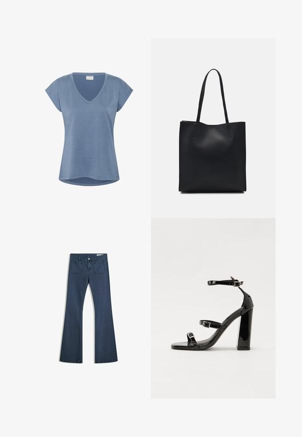 Modré tričko s véčkovým výstřihem a krátkými rukávy. Vyrobeno z měkké látky, má volný střih a zaoblený lem. Hladký povrch bez výrazných vzorů.; Tmavě modré rozšířené džíny z denimu s prošitými kapsami, zapínáním na knoflík a hladkým povrchem. Obsahují klasický design s pěti kapsami.; Černé lakované sandály na podpatku se čtveratou špičkou, lýtkovými pásky a stříbrnými přezkami. Disponují masivním blokovým podpatkem pro stabilitu.; Černá kožená taška přes rameno s hladkým povrchem, obdélníkovým tvarem a dvěma dlouhými uchy. Žádné viditelné kování ani ozdoby.