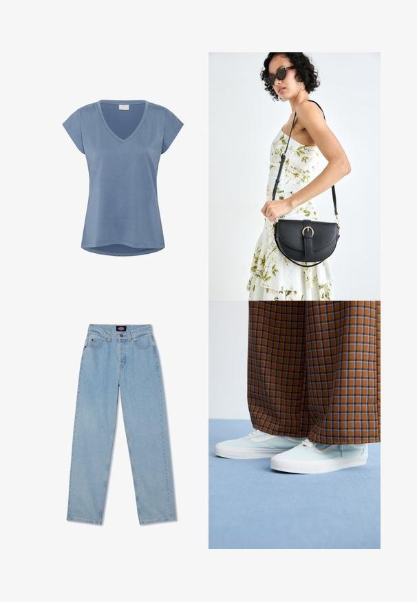 Blue V-neck t-shirt with short sleeves. Made of a soft fabric, features a loose fit and curved hem. Smooth texture with no notable patterns.; Light blue denim jeans with a straight cut, five pockets, button closure, and subtle whiskering on the front.; Light blue sneakers worn with brown and blue checkered wide-leg pants on a light blue carpeted floor.; Black leather handbag with a curved shape, detachable strap, and gold hardware. The bag features a flap with a buckle detail.