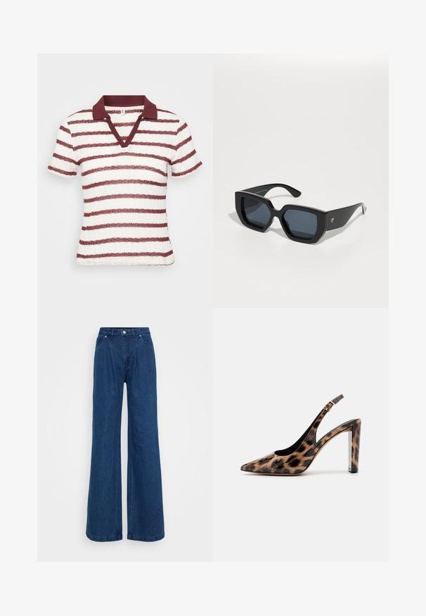 Csíkos, rövid ujjú póló fehér és bordó színben. V-nyakú és bordás gallérral rendelkezik. Texturált anyag, vízszintes csíkokkal.; Magas derekú, széles lábú kék farmernadrág, elülső gomb- és cipzárzárral, valamint elülső és hátsó zsebekkel, sima háttér előtt.; Leopárdmintás slingback pump, hegyes orral és átlátszó blokk talppal. Fényes anyagból készült, sima tapintású.; Fekete, oversized napszemüveg geometrikus mintával, téglalap alakú lencsékkel és fényes felülettel. Az elülső részén nincs látható márkajelzés.