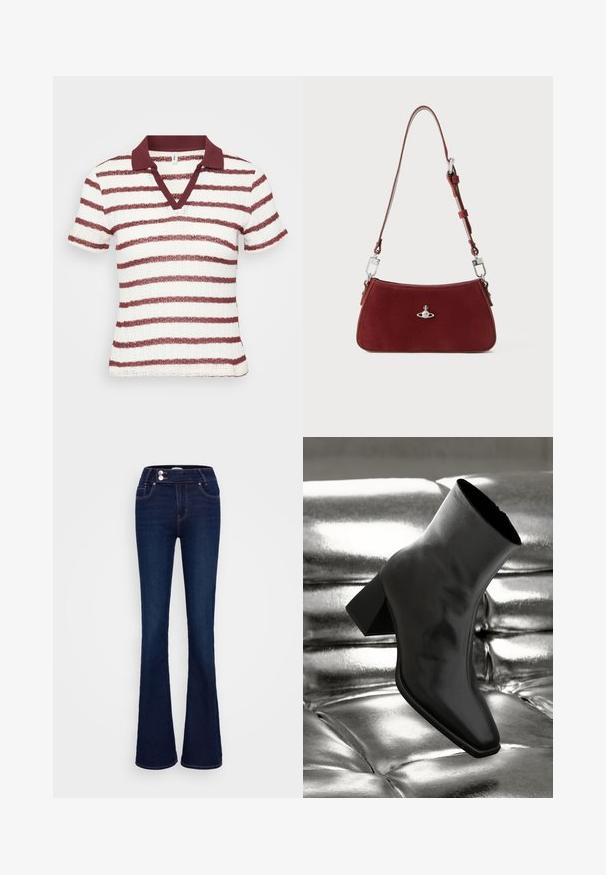 Lyhyttä hihaista raidallista polo-paitaa valkoisena ja maroonina. Ominaisuuksiin kuuluu V-pääntie ja ribattu kaulus. Teksturoitu kangas, jossa on vaakasuoria raitoja.; Tummansinisiä leveälahkeisia farkkuja, joissa on korkea vyötärö, kaksi etutaskua ja kaksi napinläpeä. Valmistettu sileästä denimsistä.; Musta nilkkuri, joka on valmistettu kiiltävästä materiaalista, jossa on neliömäinen kärki ja kapeahko kanta, asetettuna kiiltävän hopean tuftatun taustan eteen.; Punainen mokkakankainen olkalaukku, jolla on kaareva muoto. Varustettu hopeanvärisellä yksityiskohdalla ja säädettävällä hihnalla, jossa on metalliyksityiskohtia. Pinta on sileä.