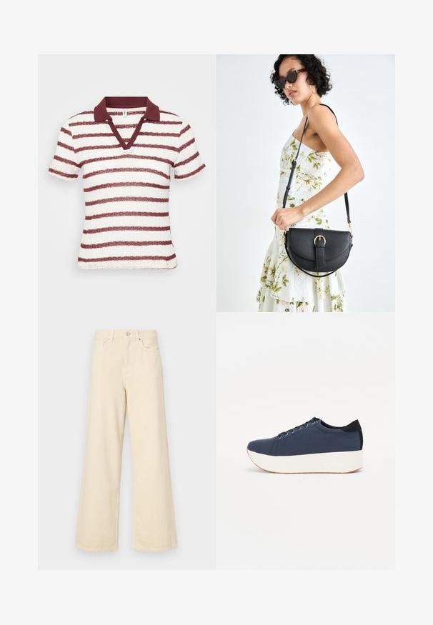 Svītrots īsām piedurknēm polo krekls baltā un bordo krāsā. Ar V veida kakla izgriezumu un ribotu apkakli. Tekstūrēta auduma ar horizontālām svītrām.; Bežīgas platpēdas džinses, izgatavotas no kokvilnas. Iekļauj pogu aizdari, jostas cilpas un priekšējos kabatas ar gludu, mīkstu tekstūru.; Navy zilo apavi ar strukturētu auduma augšdaļu, baltu platformas zoli, noapaļotu pirkstu daļu un melnu papēža akcentu. Iekļautas sešas acs caurumi šnuķēšanai.; Melnas ādas rokassoma ar izliekta formu, noņemamu siksnu un zelta aksesuāriem. Somai ir vāciņš ar sprādzes detaļu.