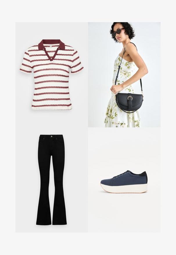 Pasiasty polo z krótkim rękawem w kolorze białym i bordowym. Posiada dekolt w serek i ribbowany kołnierzyk. Teksturowany materiał z poziomymi paskami.; Czarne, wysokie dżinsy z guzikem i zamkiem błyskawicznym, z przednimi kieszeniami i rozszerzanymi nogawkami, leżące płasko na białym tle.; Granatowe trampki z teksturowanej tkaniny, biała platforma, okrągły nosek i czarny akcent na pięcie. Posiadają sześć oczek na sznurówki.; Czarna skórzana torebka o zakrzywionym kształcie, z odpinanym paskiem i złotymi akcentami. Torebka posiada klapę z zapięciem w kształcie klamry.