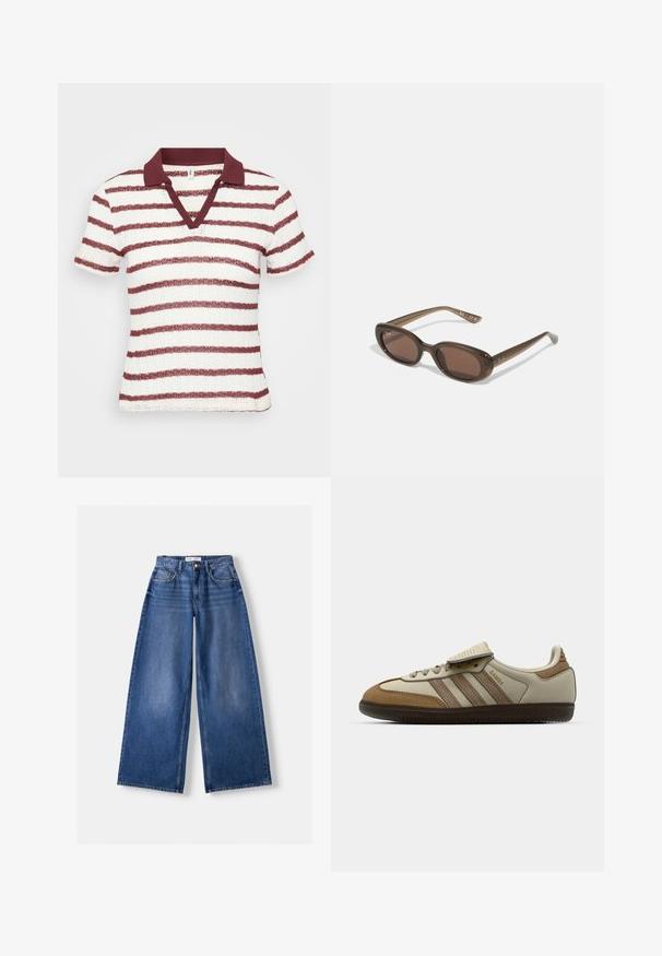 Pruhované polo tričko s krátkým rukávem v bílé a vínové barvě. Má výstřih do V a žebrovaný límec. Texturovaná tkanina s horizontálními pruhy.; Bershka WIDE-LEG - Wide leg - dark blue; Hnědé a krémové sportovní boty se třemi béžovými pruhy, vyrobené z semišové a kožené materiály, s šněrovacím designem a gumovou podešví. Textové logo na boku.; Hnědé oválné sluneční brýle s tmavými skly. Rámeček je z průhledného hnědého materiálu a má na stranách potisk s logem.; Hnědá semišová taška přes rameno s dvěma ramenními popruhy, prostorný obdélníkový tvar a minimalistický design. Měkká textura s hladkým povrchem.