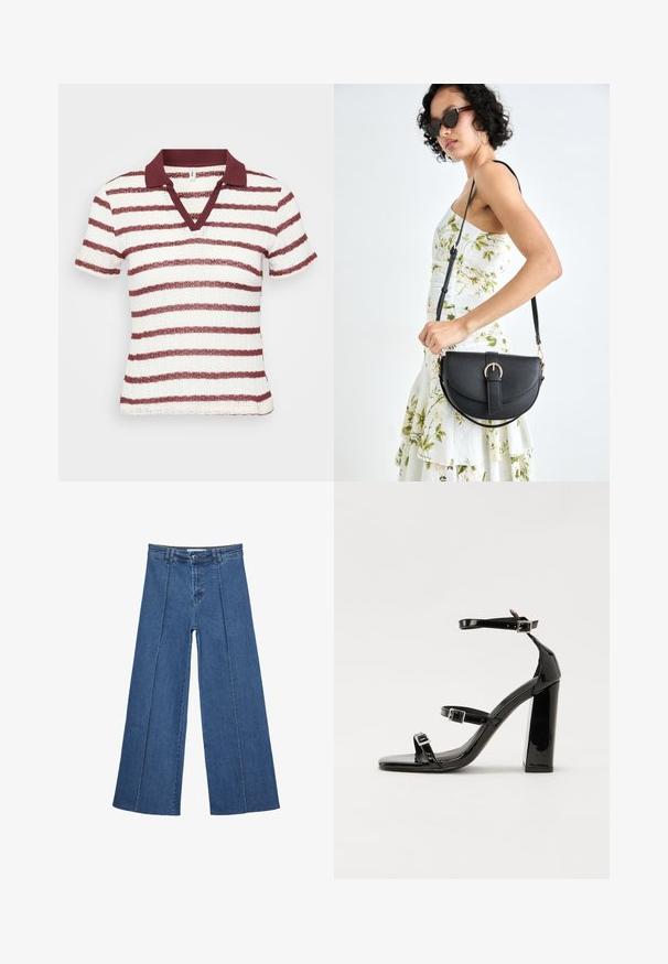 Gestreiftes kurzärmliges Polohemd in Weiß und Bordeauxrot. Mit V-Ausschnitt und geripptem Kragen. Strukturierter Stoff mit horizontalen Streifen.; Weite Jeans aus Denim in Mittelblau, mit hoher Taille, Knopfverschluss und kontrastierenden vertikalen Nahtdetails an der Vorderseite.; Schwarze patentierte Sandalen mit Absatz, quadratischer Spitze, Knöchelriemen und silbernen Schnallen. Mit einem stabilen Blockabsatz für mehr Stabilität.; Schwarze Lederhandtasche mit geschwungener Form, abnehmbarem Tragegurt und goldenen Beschlägen. Die Tasche verfügt über einen Deckel mit einer Schnallen-Details.