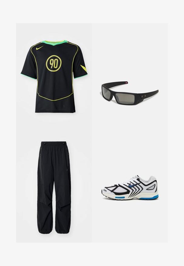 Svart sportsjersey med korte ermer, gule detaljer og rundt "90"-logo. Har en grønn krage og strukturt stoff.; Sorte lettvekts cargo-bukser i svart med elastisk midje, sidelommer med glidelås og romslige lommer. Har en løs passform og innsnørede mansjetter.; Hvit atletisk sko med svarte detaljer, mesh-paneler og blå opplysninger. Har en teksturert såle og stilige designlinjer.; Sorte solbriller med mat finish, rektangulære linser, lett kurv på brillestengene, diskret logo detaljer, og røyktinted linser.