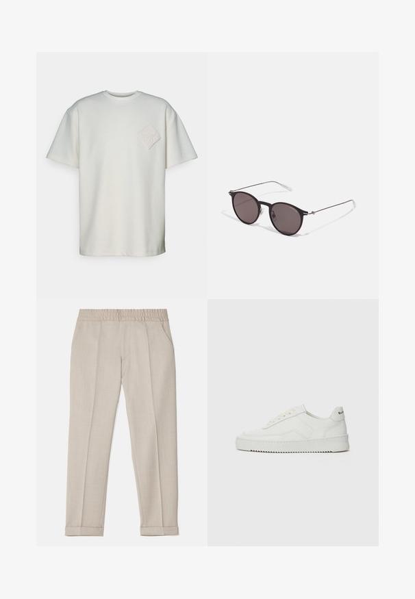 Lyhese varrukaga t-särk heledas puuvillas, millel on vasakul rinnal tekstuuriga rombikujuline pitsat ja väljaulatuv disain.; Filippa K TERRY CROPPED TROUSERS - Püksid - sage melange; Valge nahast tennis, millel on sile põhi, ümar varvas, lamedad nöörid ja tekstuuriline tall. Sisaldab diskreetset logo kontsaribal.; Mustad mustad prillid tumedate läätsedega ja õhukeste metallist käepidemetega. Kaarja kujuga seljaosa ja hõbedased aktsendid hingel. Minimalistlik disain.